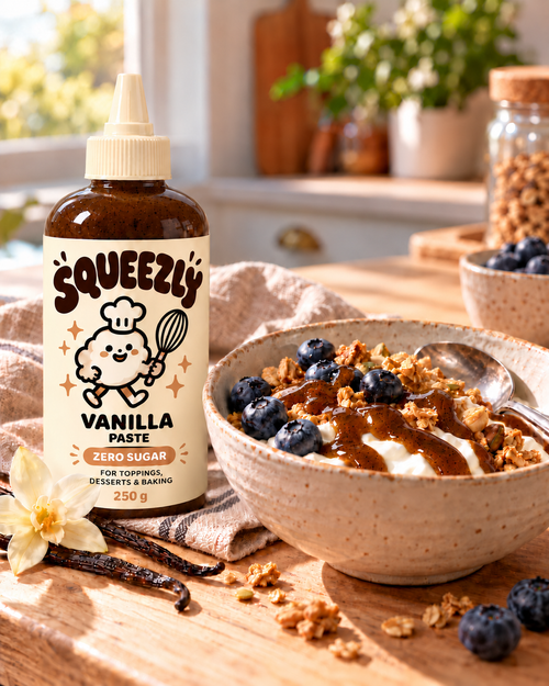 Brun Squeezly Vanilla Paste med vaniljfrön ringlad över yoghurt, 250 g.